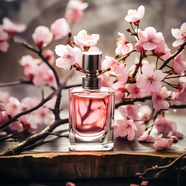 Linda garrafa de spray cosmético ou perfume em um fundo de madeira com flores cor de rosa