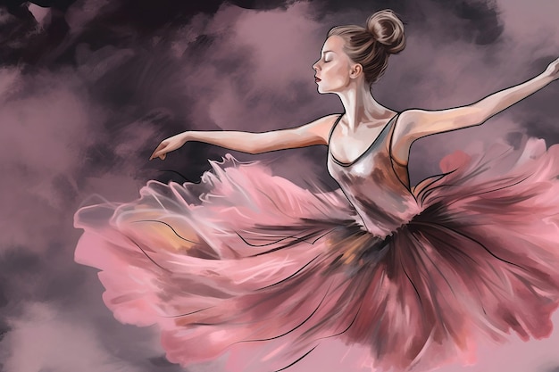 Linda graciosa bailarina dançando posando em chiffon aéreo saia de pétala rosa
