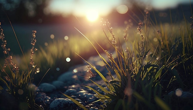 Linda grama verde com gotas de orvalho ao nascer do sol na primavera à luz do sol Generative Ai