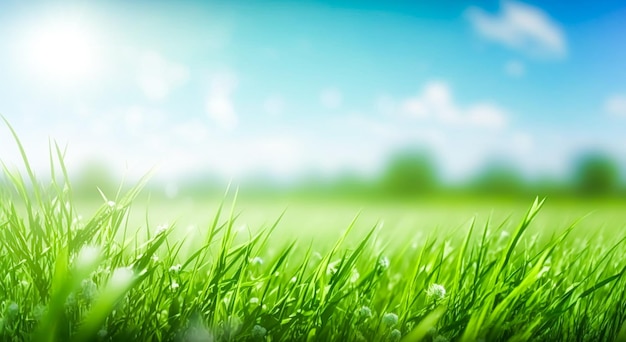 Linda grama verde e céu azul prado ensolarado na primavera ou verão Generative AI
