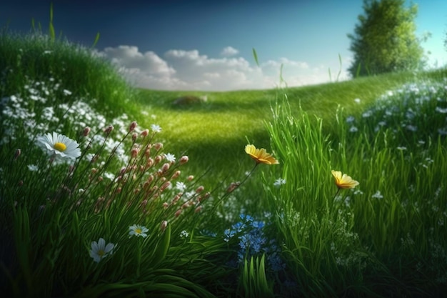 Linda grama verde em clareira com prado de flores na primavera criado com ai generativo