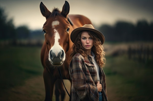 Linda granjera mujer con caballo