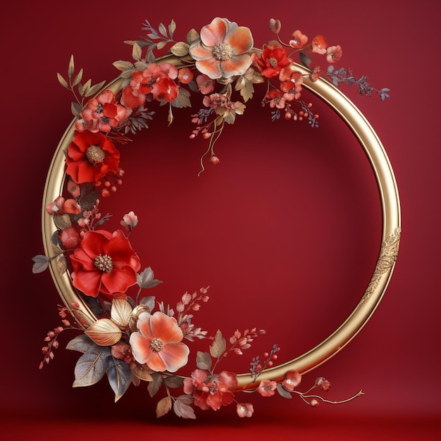 Linda guirlanda floral flor vermelha com imagem de moldura de círculo de ouro Arte gerada por IA