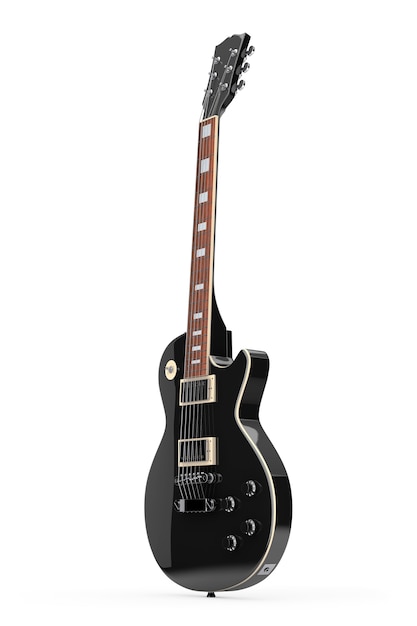 Linda guitarra elétrica preta em estilo retro em um fundo branco. Renderização 3D