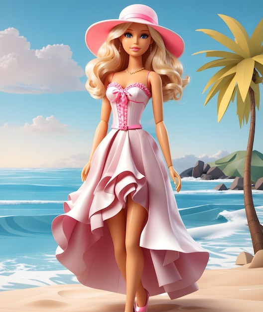 Linda y hermosa Barbie a la moda caminando por la playa.