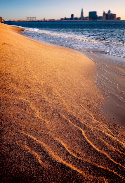 Linda hermosa playa de arena clara con olas tranquilas y gran ciudad ilustrada en 3d