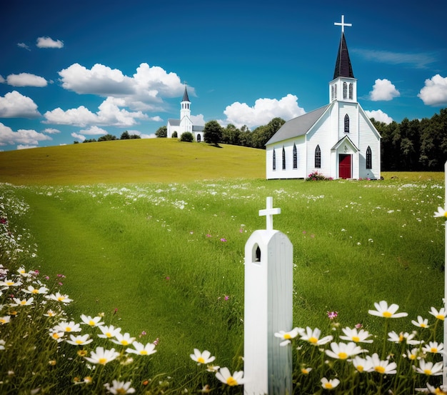 linda igreja branca e flores no campo