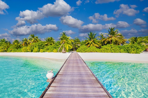 Linda ilha tropical das Maldivas com mar de praia de cais de madeira e palmeira de coco no céu azul