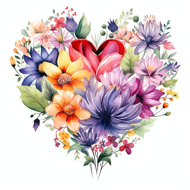 linda ilustração de clipart em aquarela de coração floral colorido