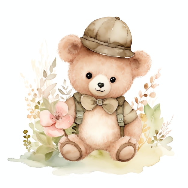 Foto linda ilustração de clipart em aquarela de forest ranger teddy azul ursinho de pelúcia