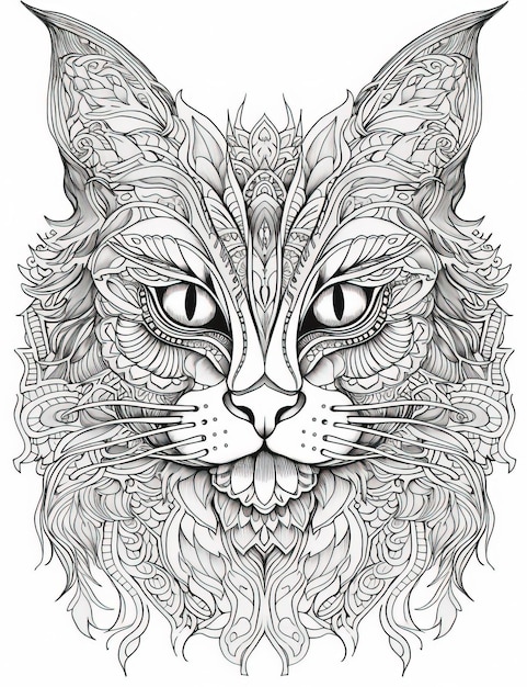 Foto linda ilustração de gato para colorir livro intrincado linhas de tinta preto e branco generative ai
