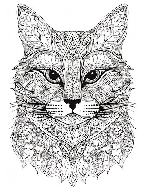 Linda ilustração de gato para colorir livro intrincado linhas de tinta preto e branco Generative Ai