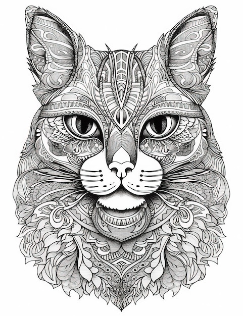 Linda ilustração de gato para colorir livro intrincado linhas de tinta preto e branco Generative Ai