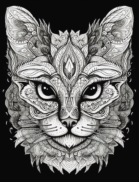 Linda ilustração de gato para colorir livro intrincado linhas de tinta preto e branco Generative Ai