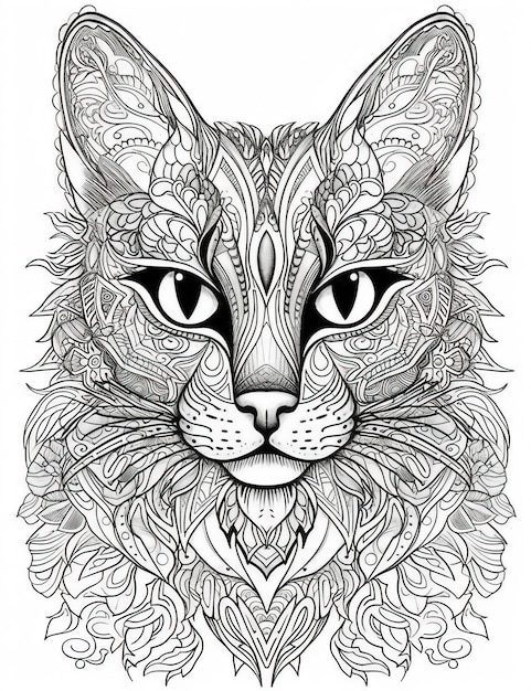 Linda ilustração de gato para colorir livro intrincado linhas de tinta preto e branco Generative Ai