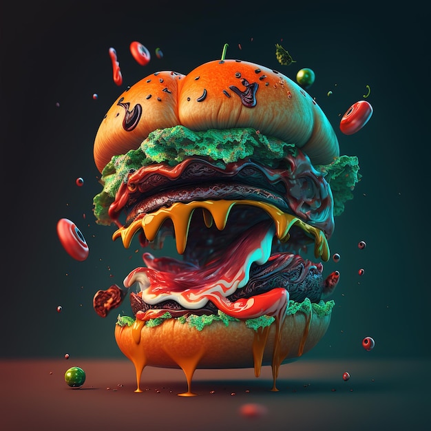 linda ilustração do conceito de hambúrguer drippinng em 3d