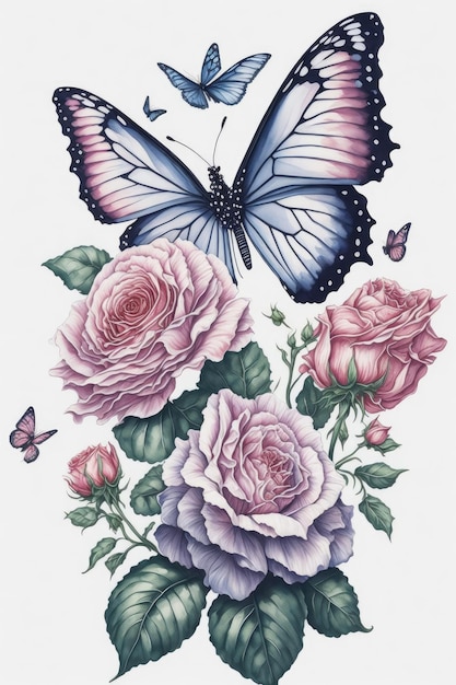 Linda ilustração em aquarela com rosas e borboleta