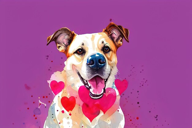 Linda ilustración de acuarela de un cachorro con IA generativa de corazones