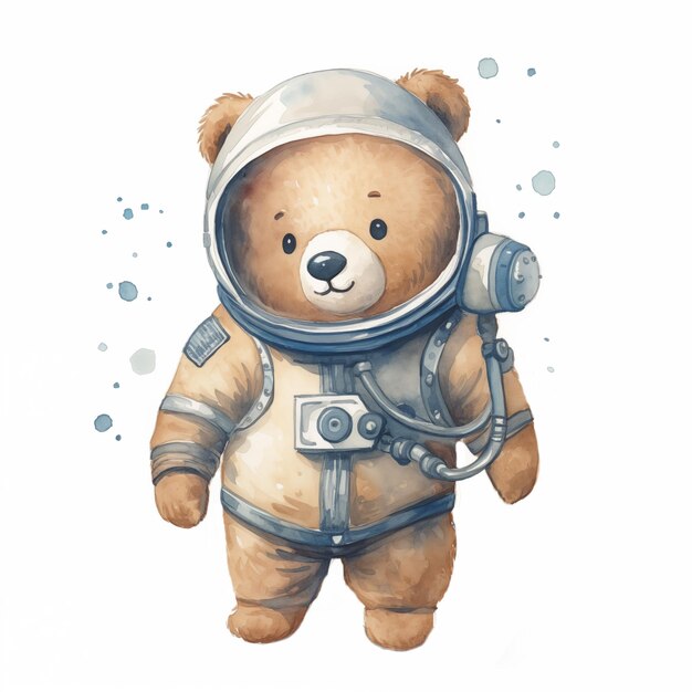 Una linda ilustración en acuarela de un oso astronauta en un traje espacial