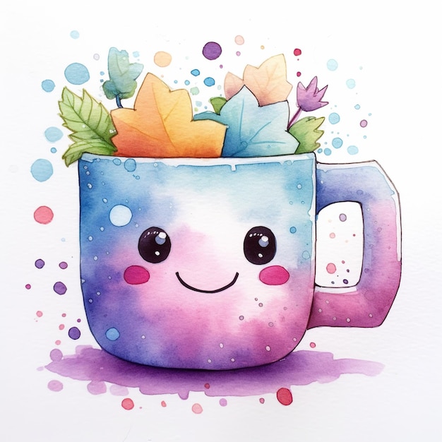 Linda ilustración en acuarela de una taza en estilo kawaii