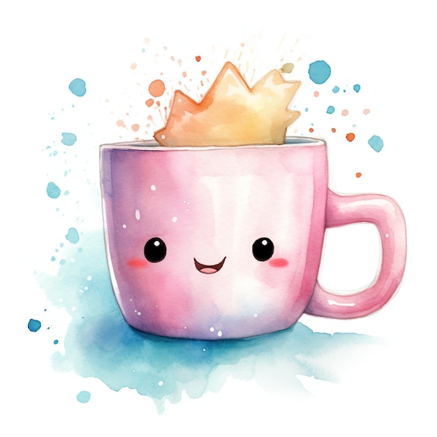 Linda ilustración en acuarela de una taza en estilo kawaii