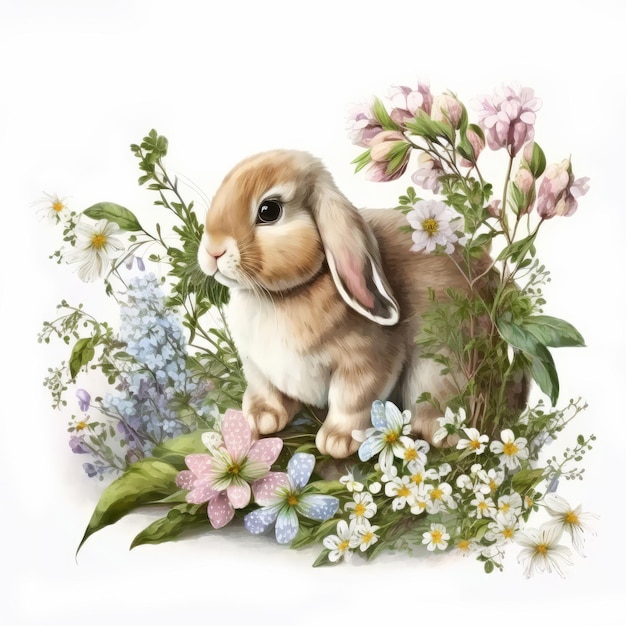 Linda ilustración con conejito de Pascua dibujo realista de un conejo en colores pastel liebre con flores de primavera símbolo de Pascua Creado con tecnología Generativa AI
