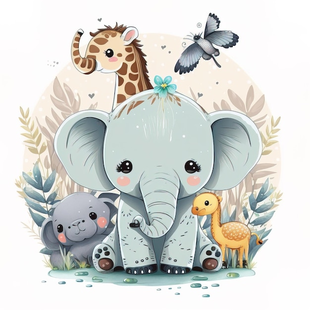 Linda ilustración dibujada a mano de un elefante de dibujos animados que se puede usar para un libro de imágenes para niños