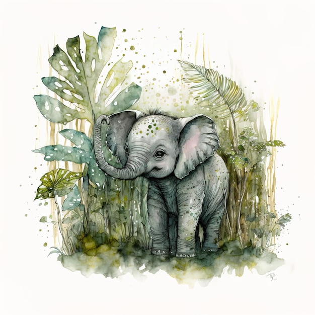 Linda ilustración dibujada a mano de un elefante de dibujos animados que se puede usar para un libro de imágenes para niños