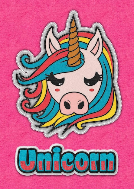 Linda ilustración de dibujos animados de cara de unicornio en tela de fieltro estilo bebé animal salvaje