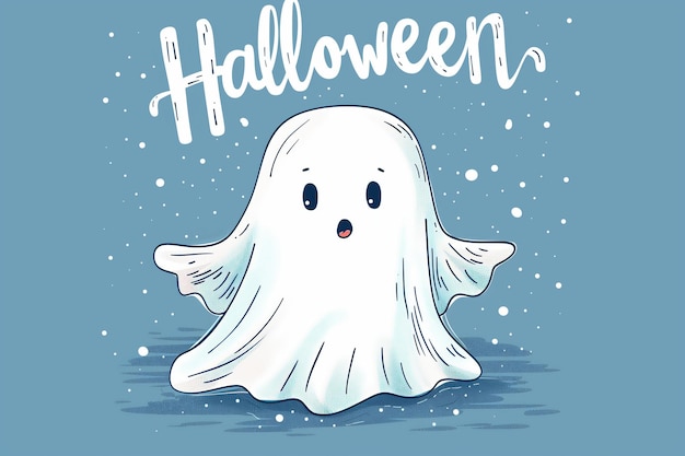Una linda ilustración de dibujos animados de un fantasma blanco flotando sobre una serena superficie azul El fantasma parece estar flotando suavemente en el aire con una expresión pacífica