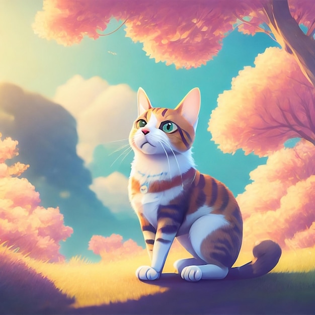 linda ilustración de gato con fondo de bosque