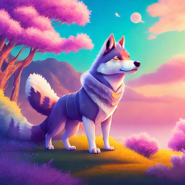 linda ilustración de lobo con fondo de bosque