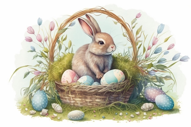 Linda ilustración de Pascua El conejito de Pascua se sienta en una canasta de mimbre con huevos coloridos AI generativo