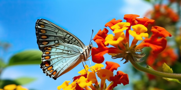 Linda imagem de primavera verão da borboleta Morpho alimentando-se de flor de lantana laranja contra o céu azul