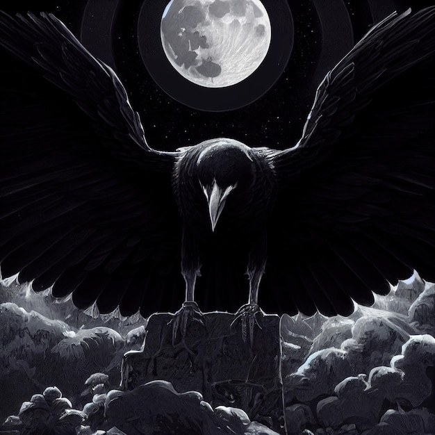 Linda imagem de tema de halloween de ilustração de corvo preto com grande lua ao fundo