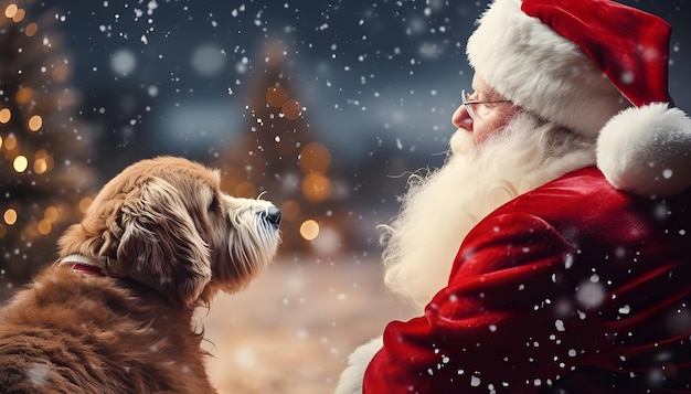 Linda imagem do Papai Noel sentado ao lado de um cachorro com luzes de Natal ao fundo