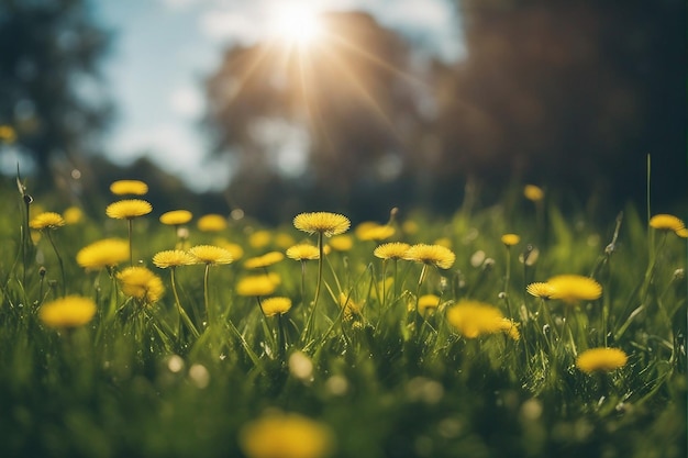 Linda imagem natural brilhante de prado de primavera de grama fresca com dentes de leão com fundo desfocado