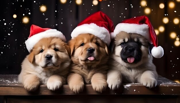 Una linda imagen de cachorros vestidos de Papá Noel con un fondo de copos de nieve