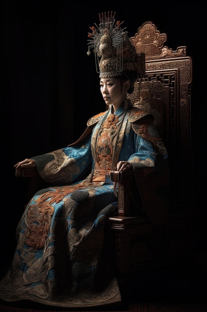Linda imperatriz chinesa esposa do imperador sentada em um trono 3d geração AI