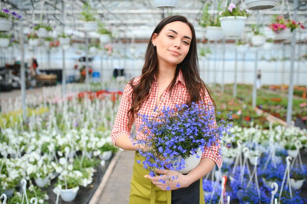 Linda jardineira cuidando de plantas em sua loja de flores e plantas, mulher trabalhando em uma estufa