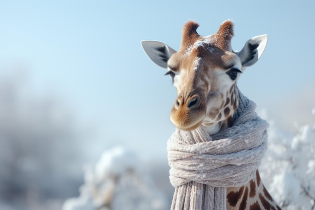 Linda jirafa con bufanda tejida Retrato de animal divertido sobre fondo de invierno al aire libre de cerca con espacio de copia