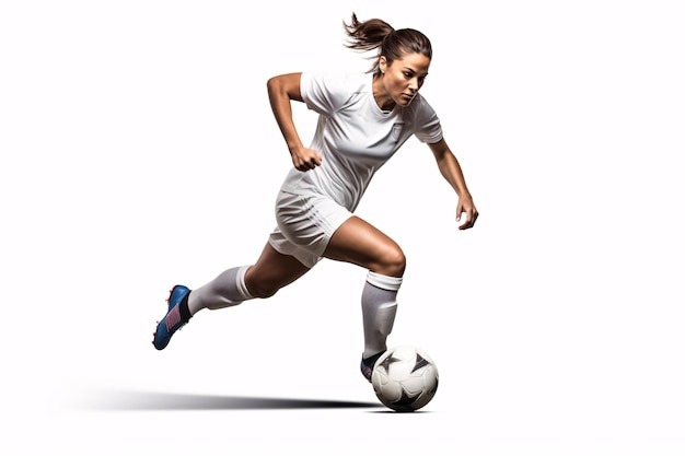 Foto linda jogadora de futebol feminino chutando bola com calcanhar isolado no fundo branco conceito de futebol feminino