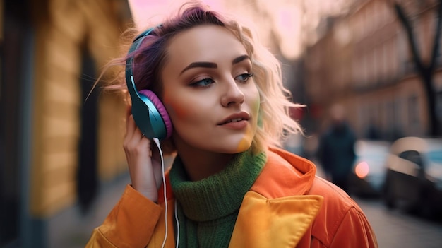 Linda jovem alegre andando por uma rua da cidade enquanto ouve música com fones de ouvido sem fio Generative AI