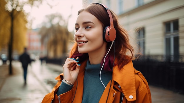 Linda jovem alegre andando por uma rua da cidade enquanto ouve música com fones de ouvido sem fio Generative AI