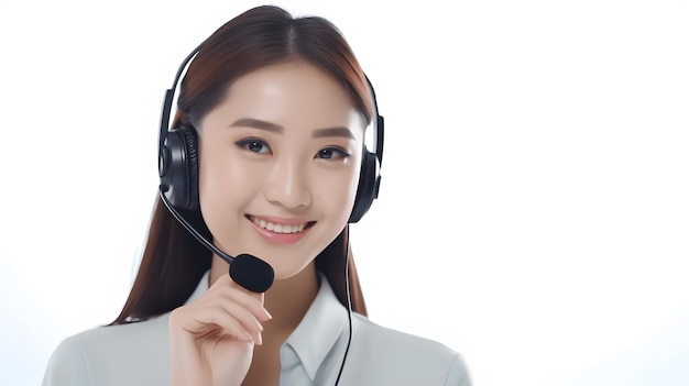 Linda jovem asiática operadora de call center usando fones de ouvido com microfone