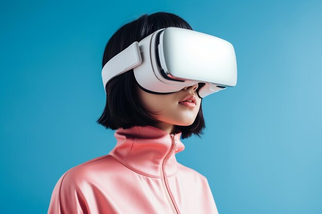 Linda jovem asiática usando fone de ouvido de realidade virtual com fundo claro