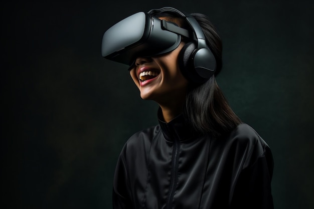 Linda jovem asiática usando fone de ouvido de realidade virtual com fundo claro