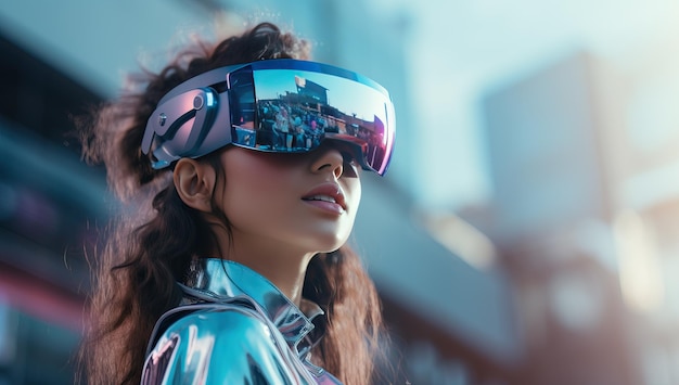 Linda jovem asiática usando óculos de realidade virtual na cidade