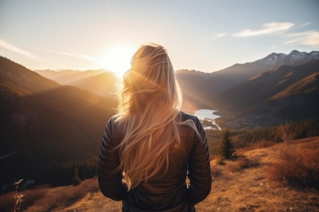 Foto linda jovem atlética olhando para o sol nas montanhas vista de trás