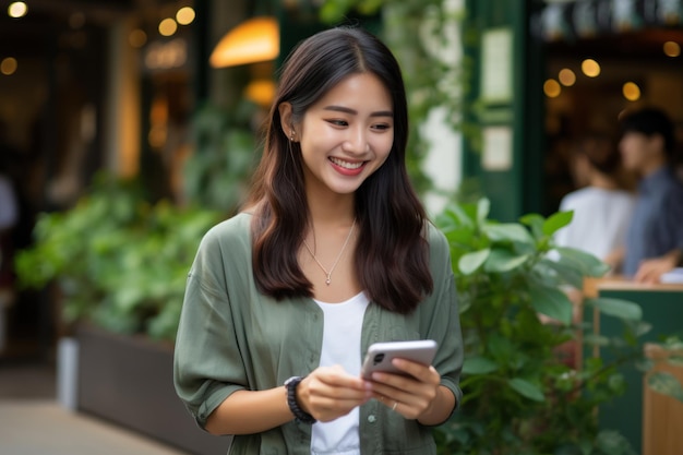 Linda jovem empreendedora asiática usando um telefone celular casual para fazer compras on-line, aproveitando as mídias sociais e o laptop em casa, iniciando um pequeno negócio no banco on-line